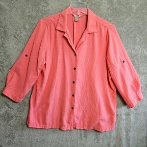 White Stag Womens Sz Large 12/14 Blouse Button Front 3/4 Sleeve Pink Rayon blend